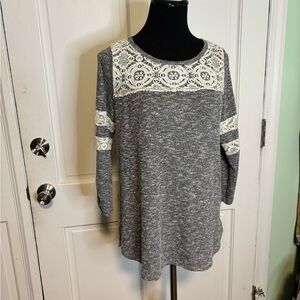 Rewind Gray and White Lace Long Sleeve Top